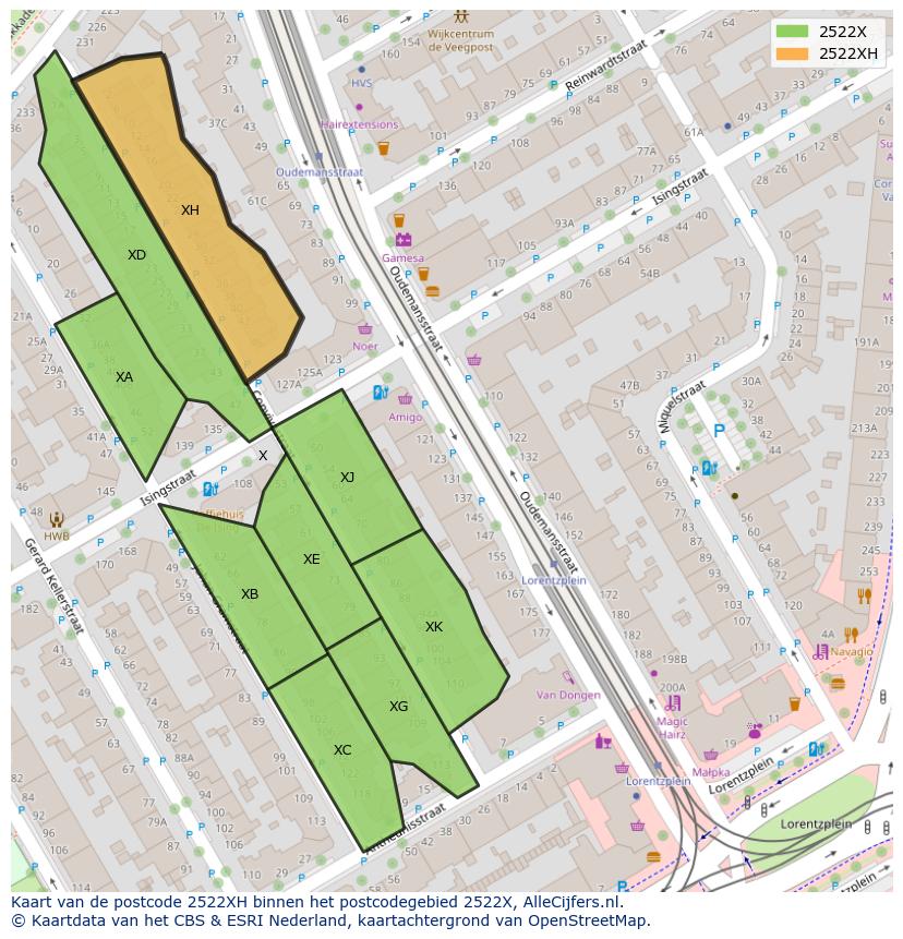 Afbeelding van het postcodegebied 2522 XH op de kaart.