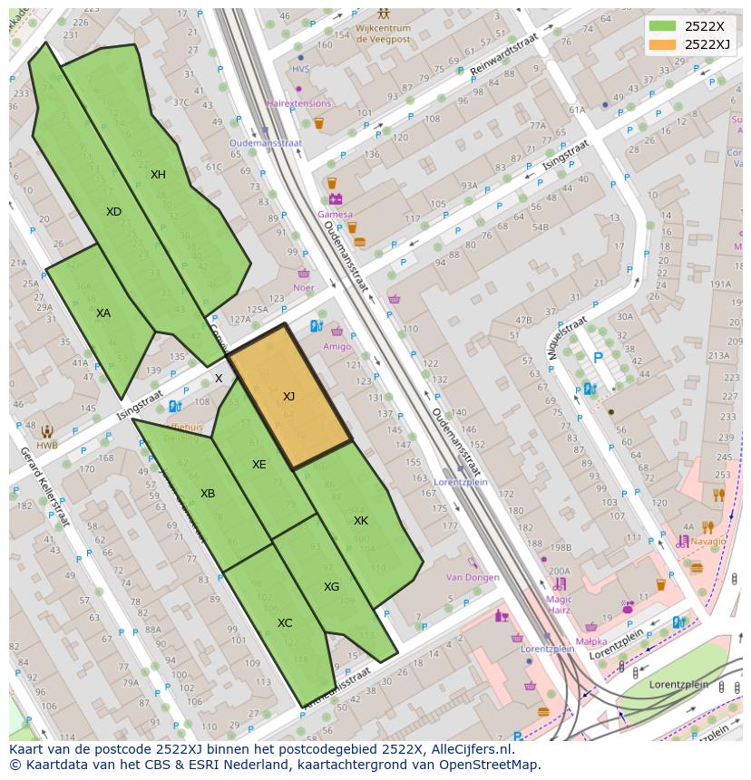 Afbeelding van het postcodegebied 2522 XJ op de kaart.