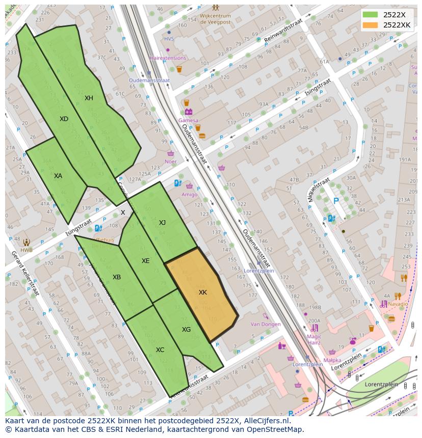 Afbeelding van het postcodegebied 2522 XK op de kaart.