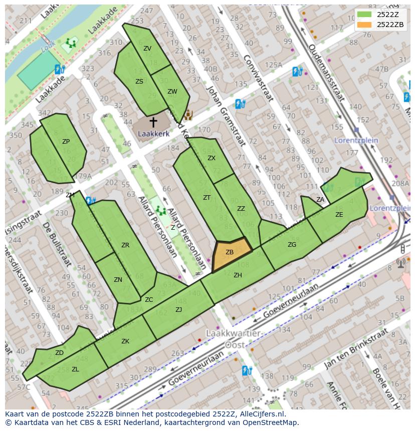 Afbeelding van het postcodegebied 2522 ZB op de kaart.