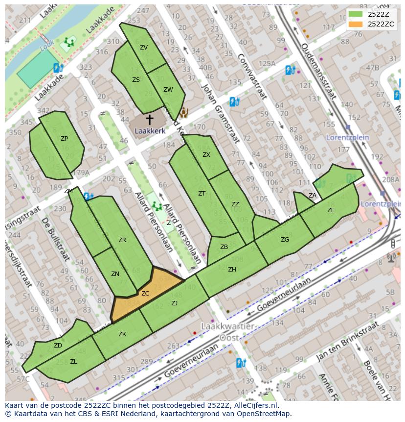 Afbeelding van het postcodegebied 2522 ZC op de kaart.