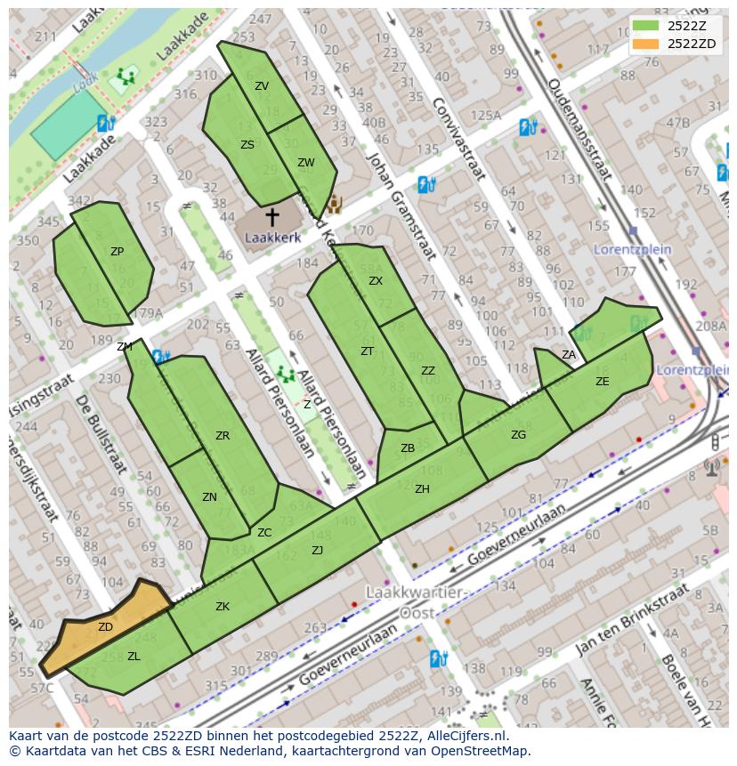 Afbeelding van het postcodegebied 2522 ZD op de kaart.