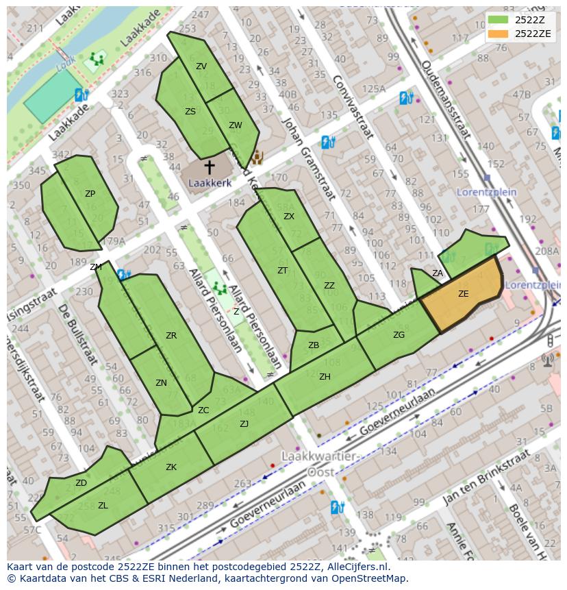 Afbeelding van het postcodegebied 2522 ZE op de kaart.