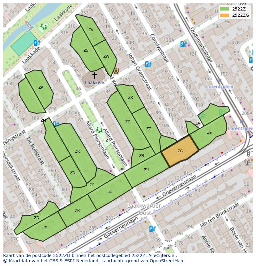 Afbeelding van het postcodegebied 2522 ZG op de kaart.