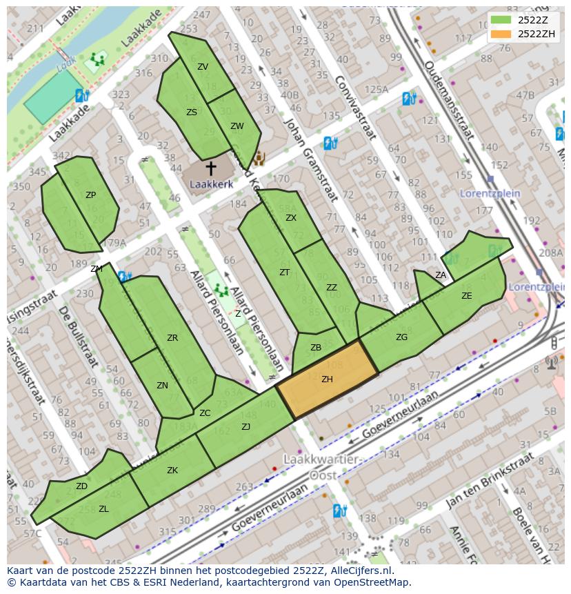 Afbeelding van het postcodegebied 2522 ZH op de kaart.