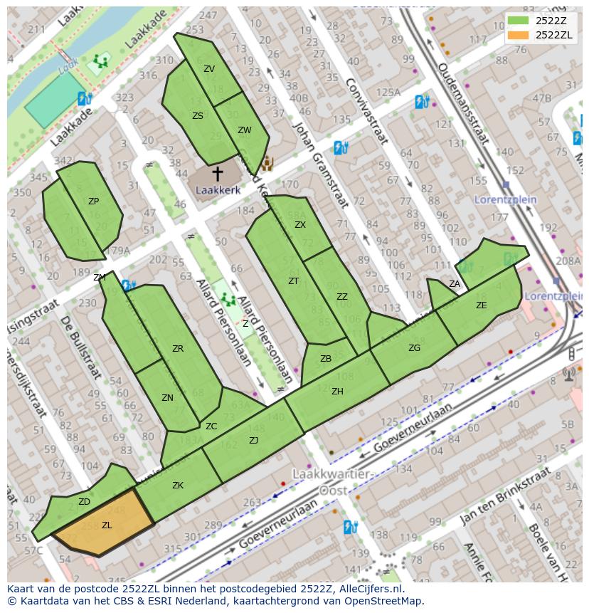 Afbeelding van het postcodegebied 2522 ZL op de kaart.