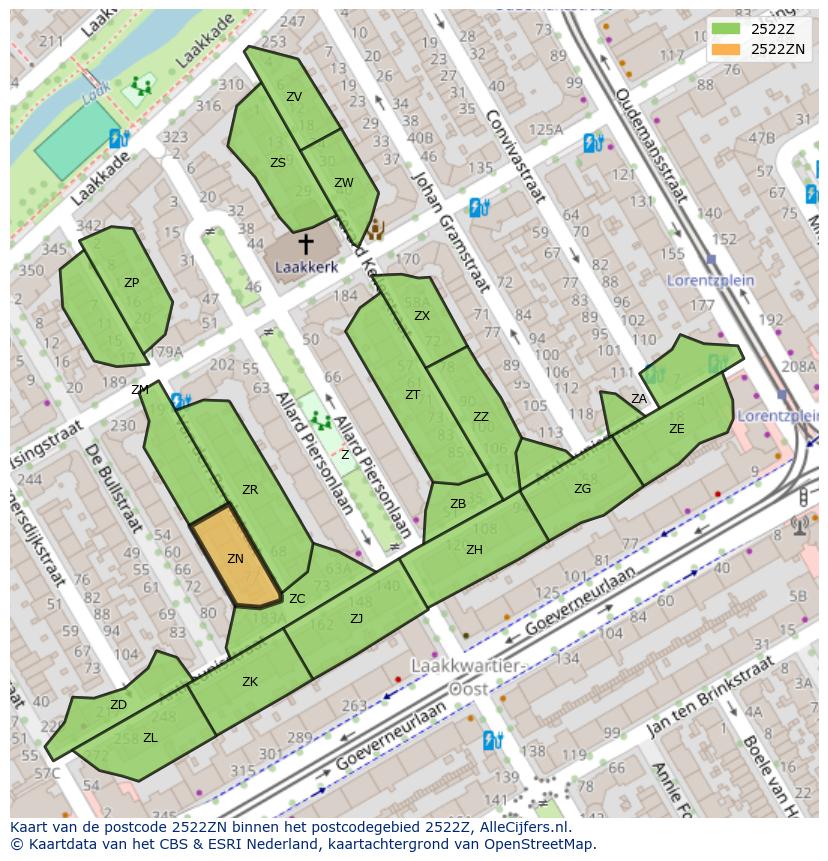 Afbeelding van het postcodegebied 2522 ZN op de kaart.