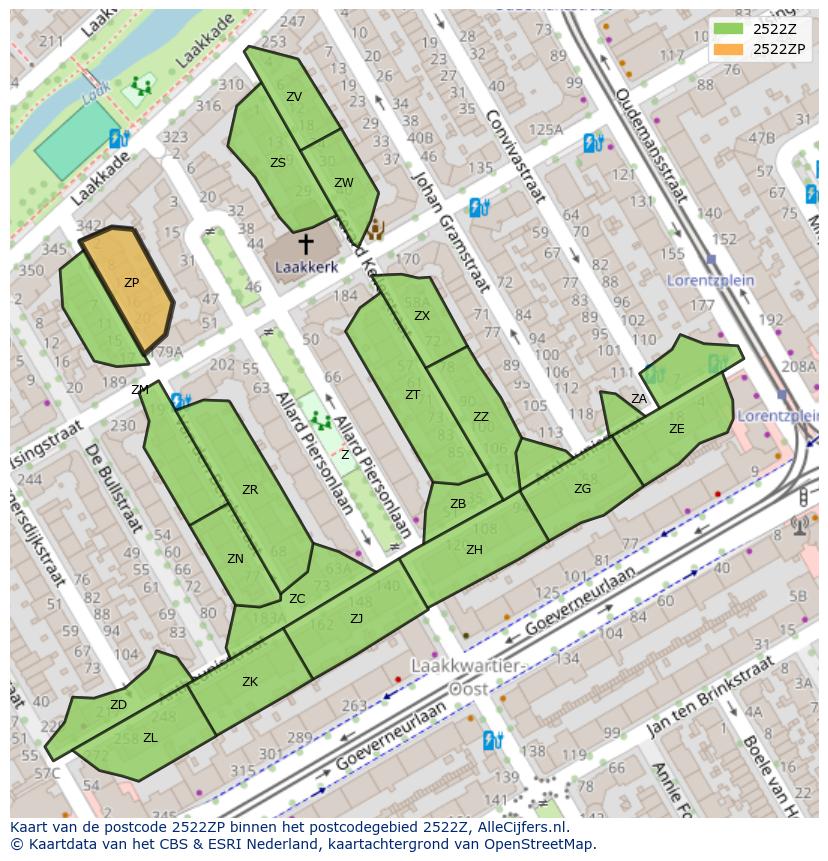 Afbeelding van het postcodegebied 2522 ZP op de kaart.
