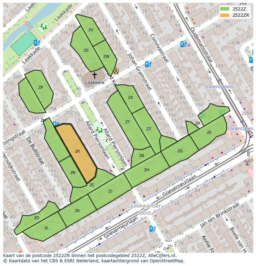 Afbeelding van het postcodegebied 2522 ZR op de kaart.