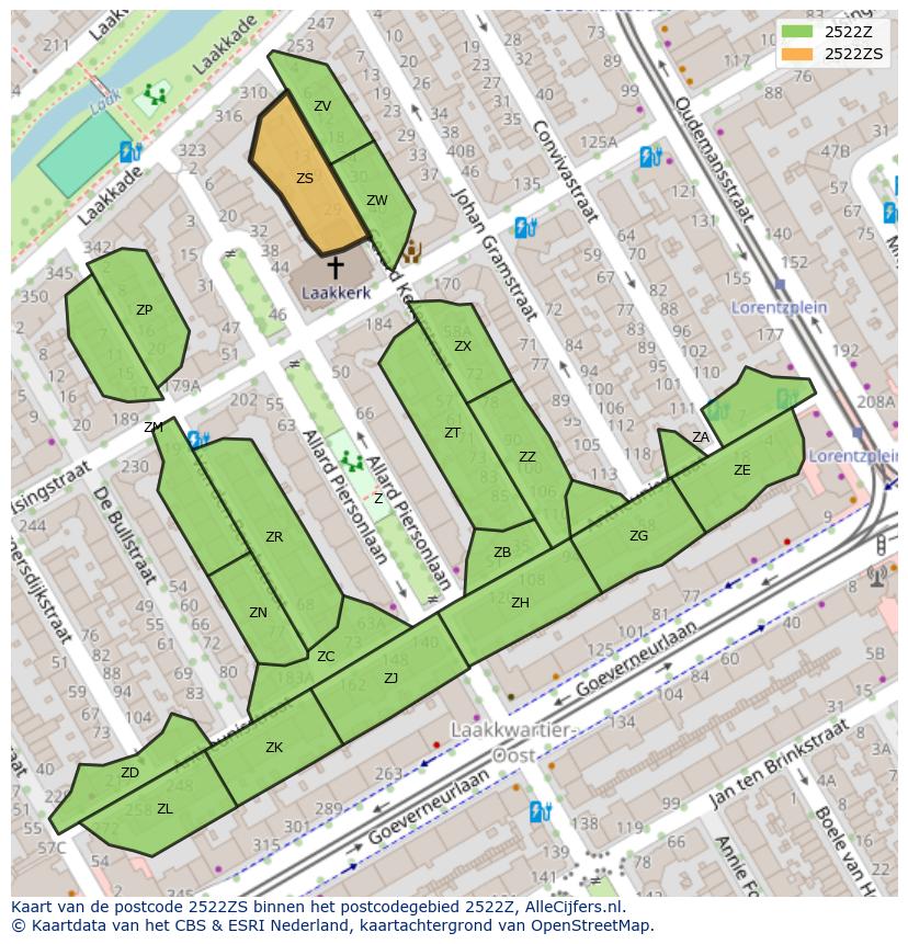 Afbeelding van het postcodegebied 2522 ZS op de kaart.