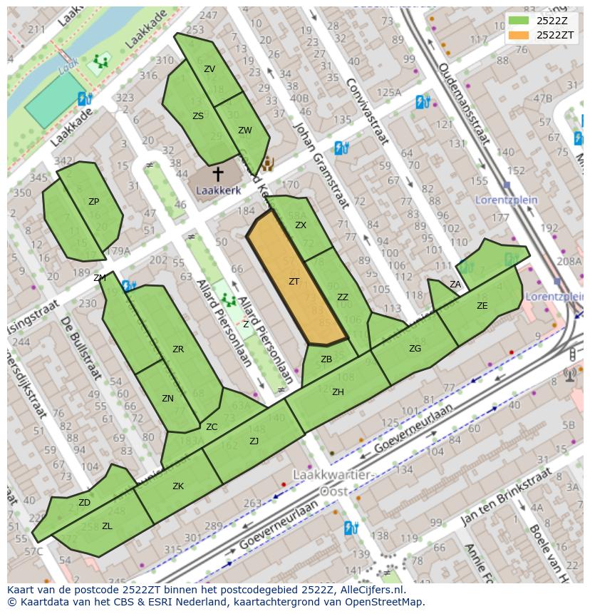 Afbeelding van het postcodegebied 2522 ZT op de kaart.