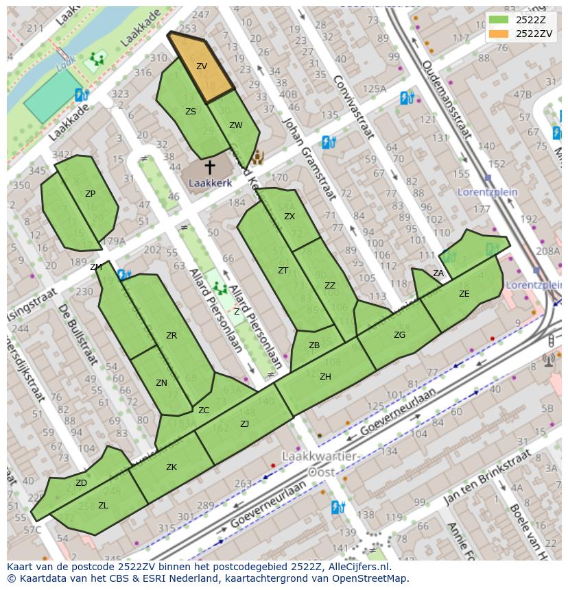 Afbeelding van het postcodegebied 2522 ZV op de kaart.