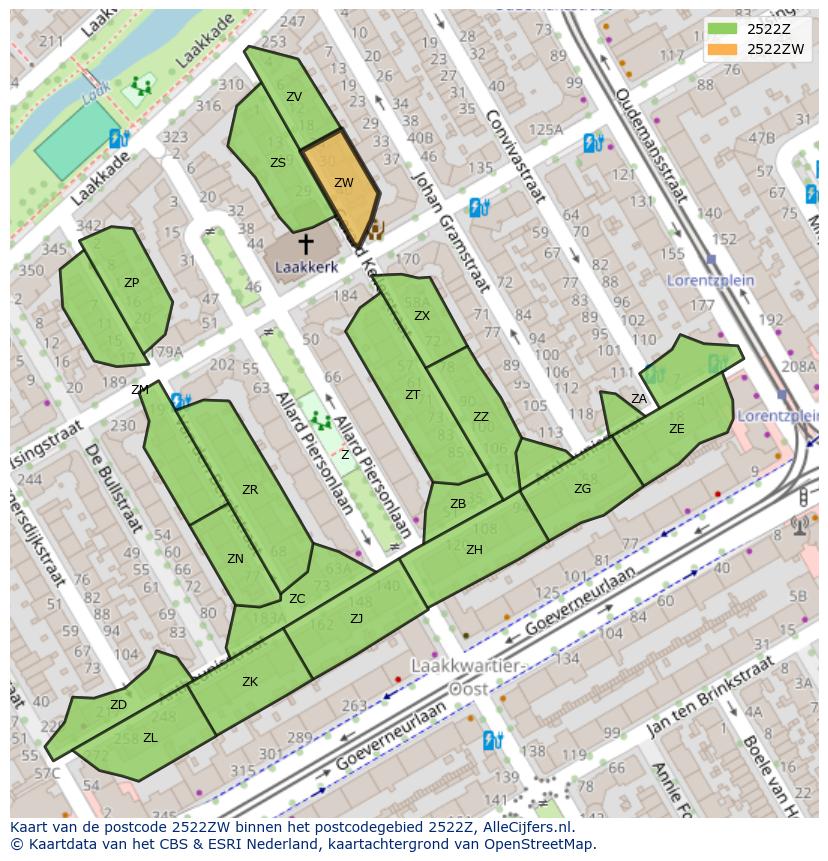 Afbeelding van het postcodegebied 2522 ZW op de kaart.