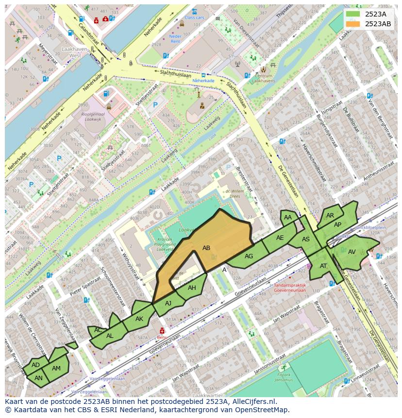 Afbeelding van het postcodegebied 2523 AB op de kaart.