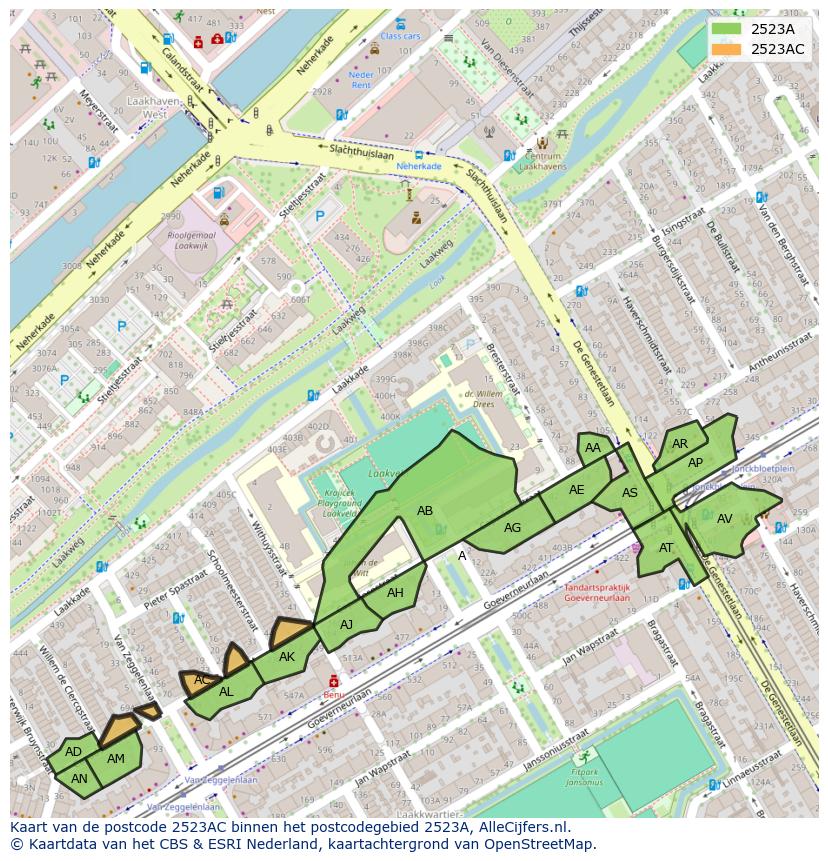 Afbeelding van het postcodegebied 2523 AC op de kaart.