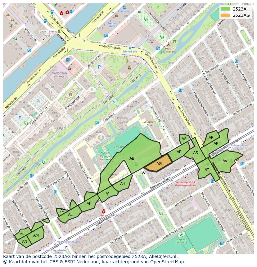 Afbeelding van het postcodegebied 2523 AG op de kaart.