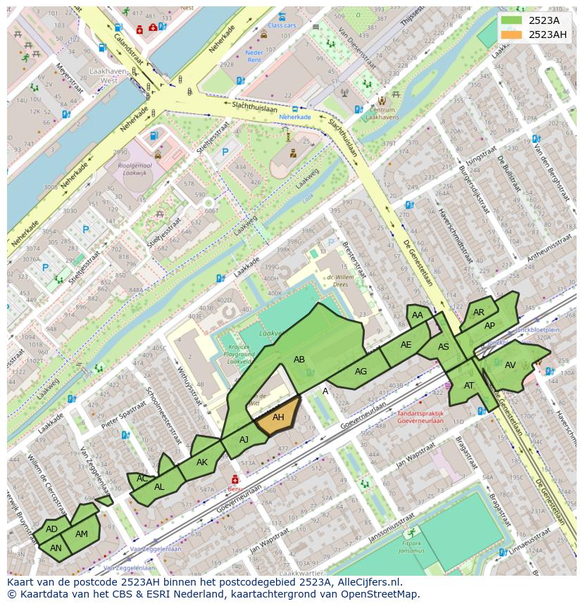 Afbeelding van het postcodegebied 2523 AH op de kaart.