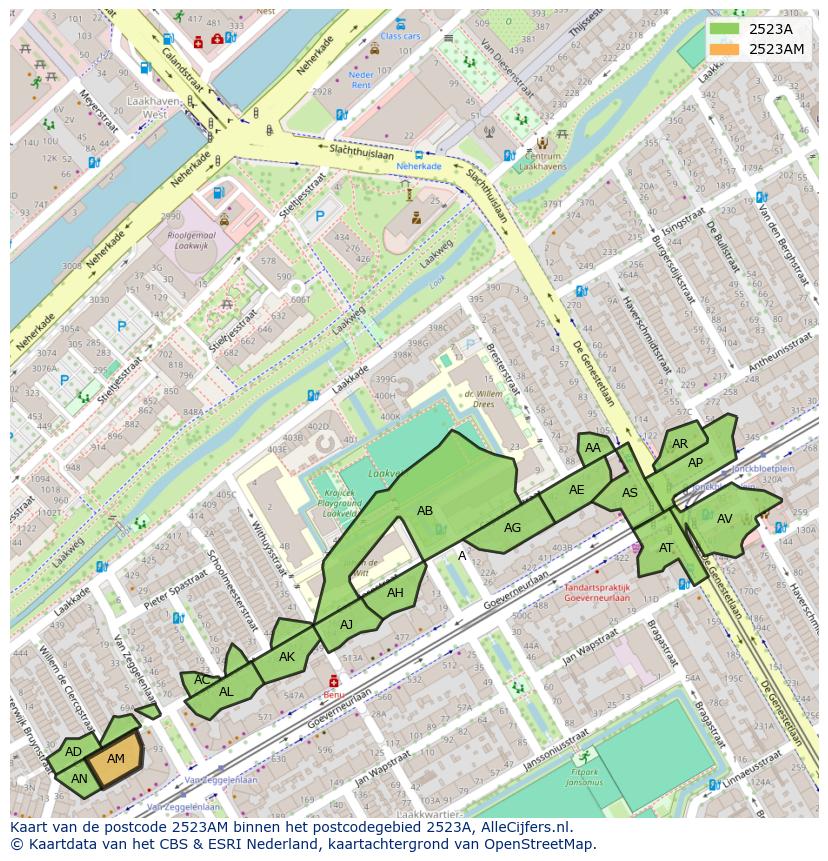 Afbeelding van het postcodegebied 2523 AM op de kaart.