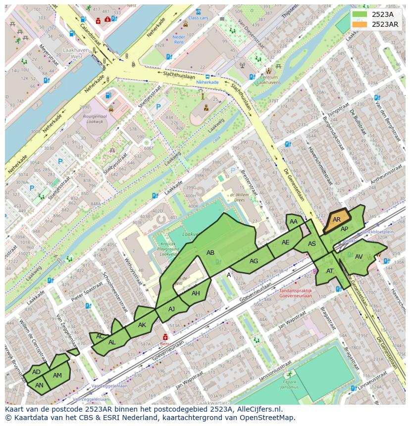 Afbeelding van het postcodegebied 2523 AR op de kaart.