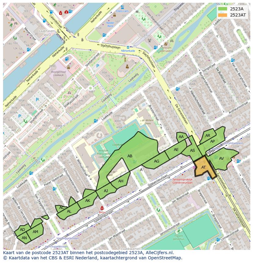 Afbeelding van het postcodegebied 2523 AT op de kaart.