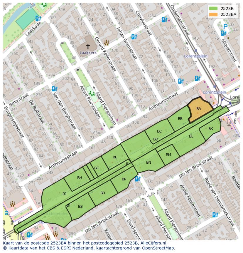 Afbeelding van het postcodegebied 2523 BA op de kaart.