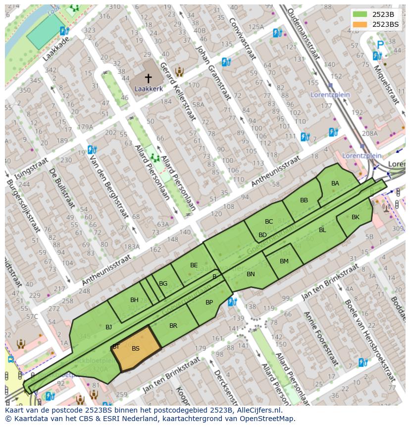 Afbeelding van het postcodegebied 2523 BS op de kaart.