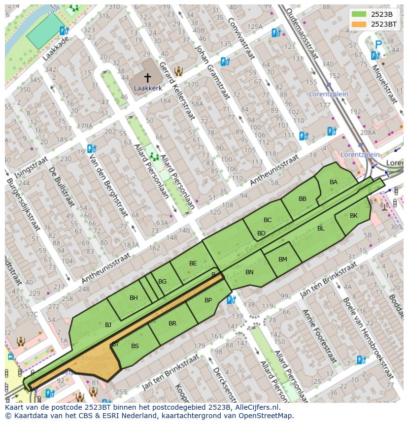Afbeelding van het postcodegebied 2523 BT op de kaart.