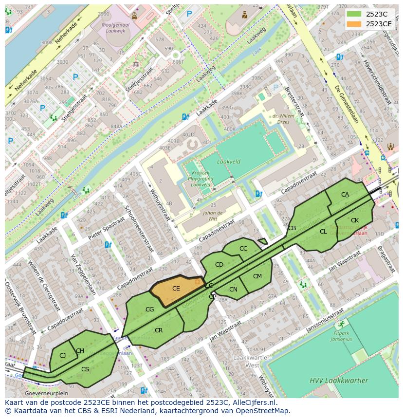 Afbeelding van het postcodegebied 2523 CE op de kaart.