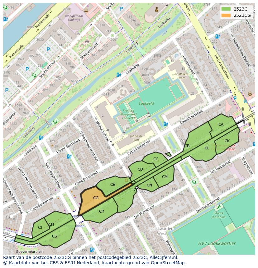 Afbeelding van het postcodegebied 2523 CG op de kaart.