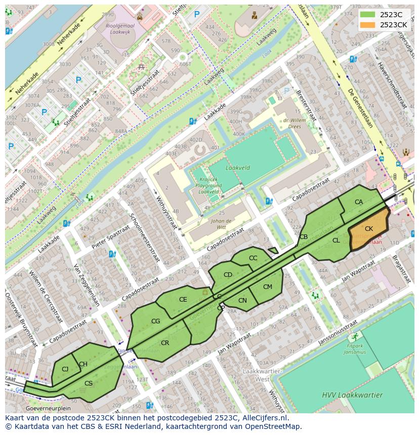 Afbeelding van het postcodegebied 2523 CK op de kaart.