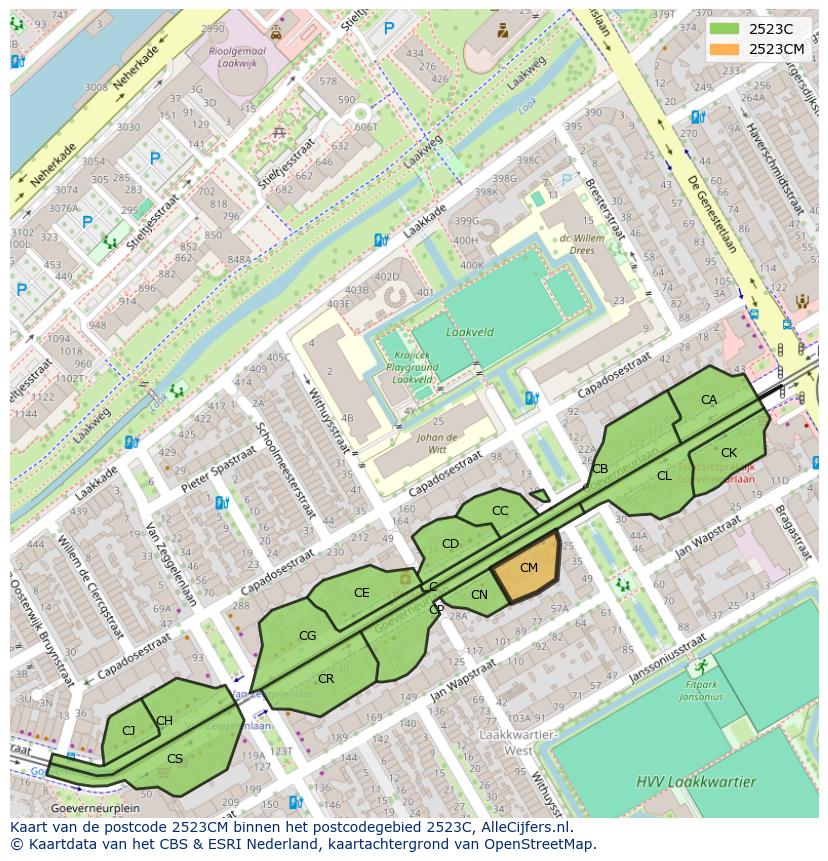 Afbeelding van het postcodegebied 2523 CM op de kaart.