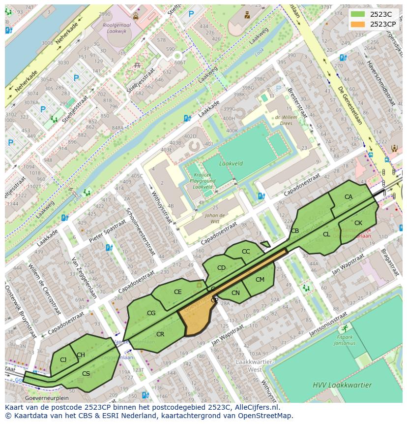 Afbeelding van het postcodegebied 2523 CP op de kaart.