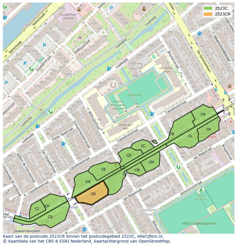 Afbeelding van het postcodegebied 2523 CR op de kaart.
