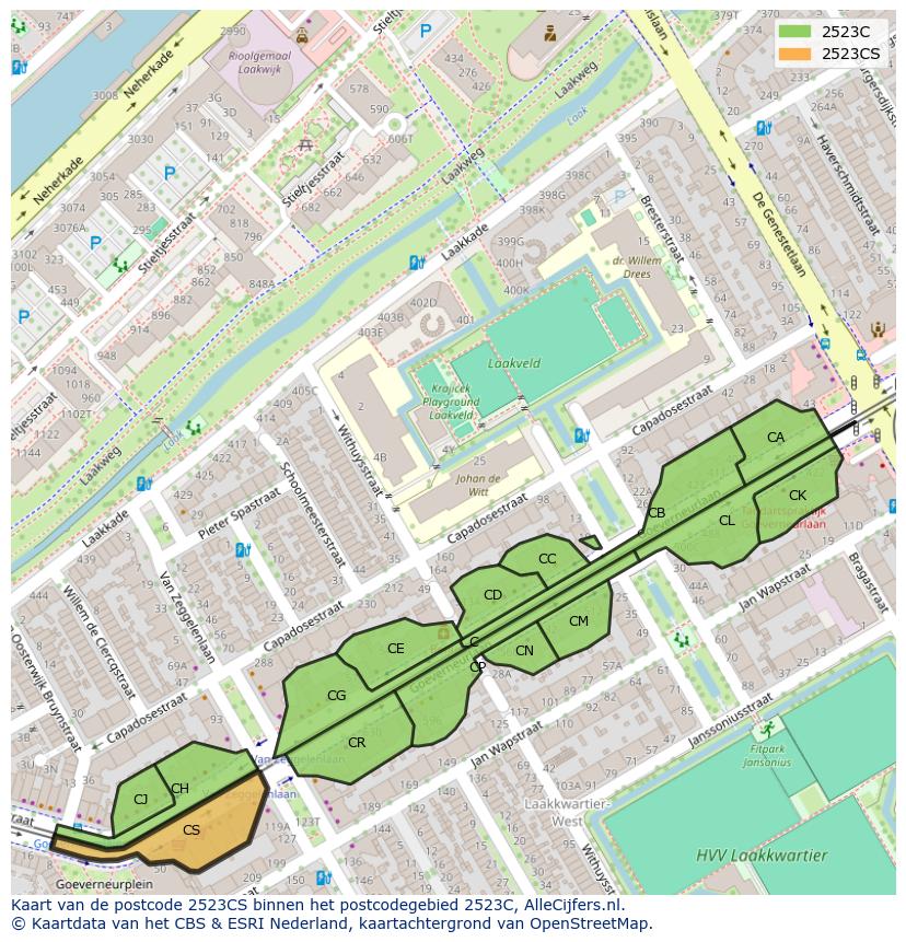 Afbeelding van het postcodegebied 2523 CS op de kaart.