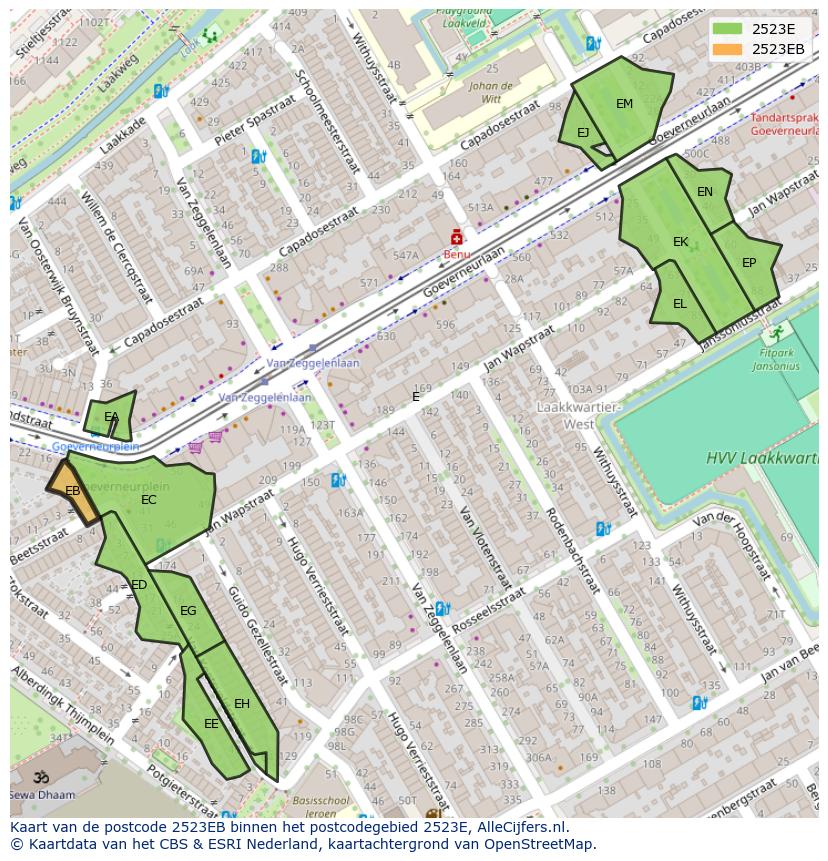 Afbeelding van het postcodegebied 2523 EB op de kaart.