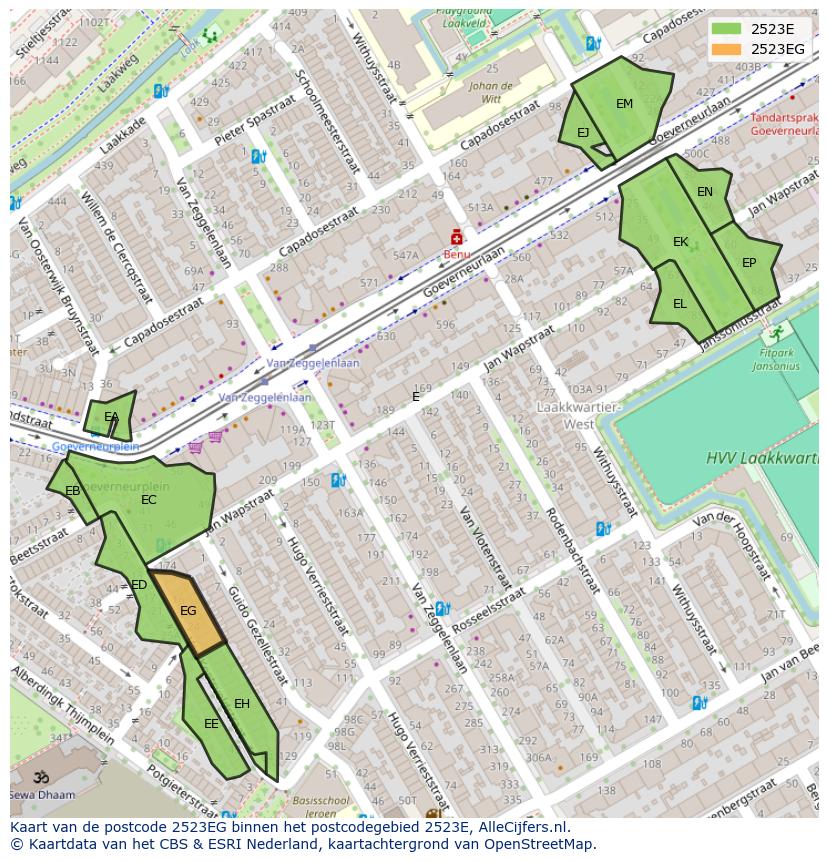 Afbeelding van het postcodegebied 2523 EG op de kaart.