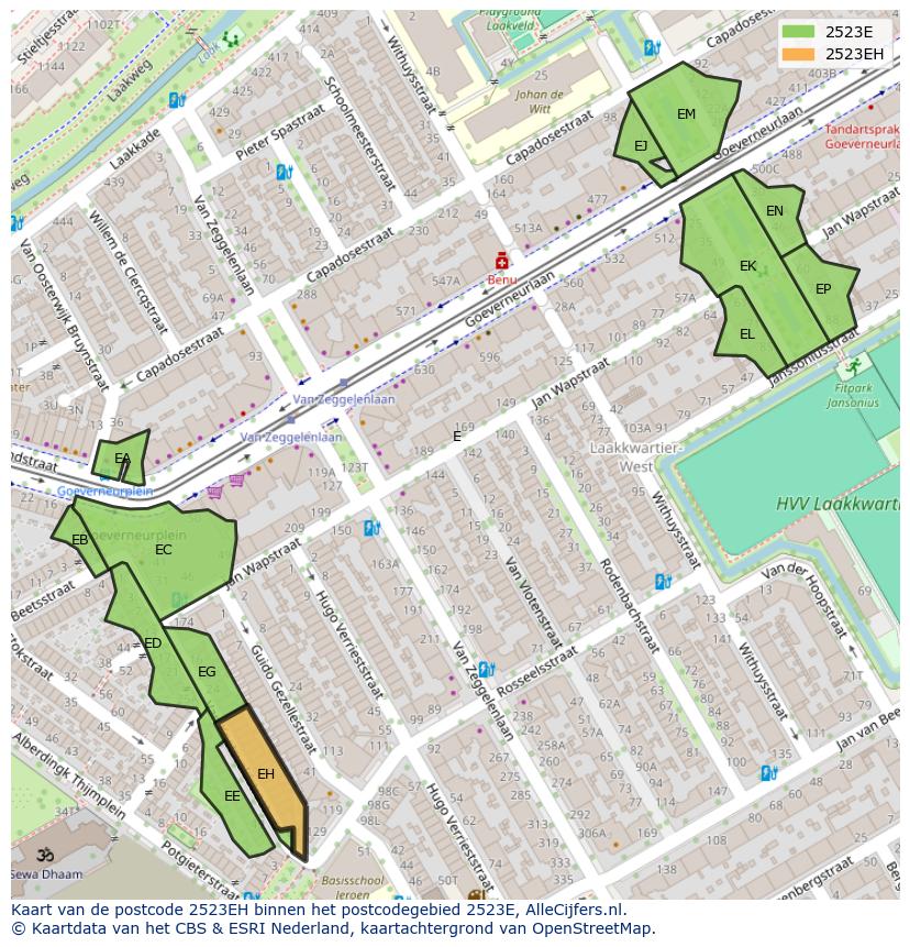 Afbeelding van het postcodegebied 2523 EH op de kaart.