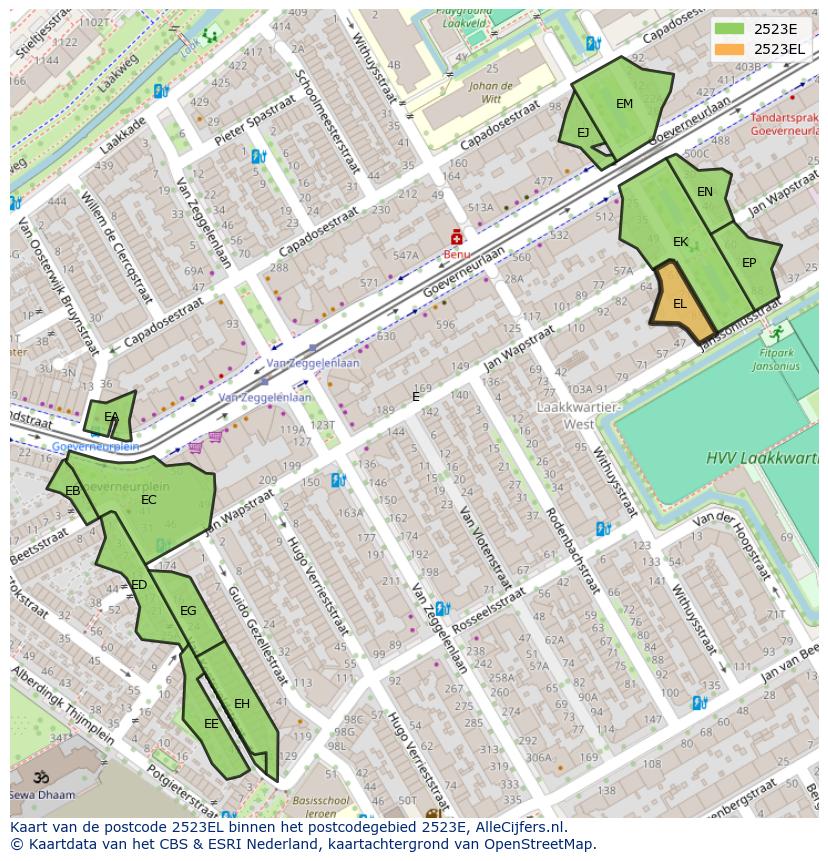 Afbeelding van het postcodegebied 2523 EL op de kaart.