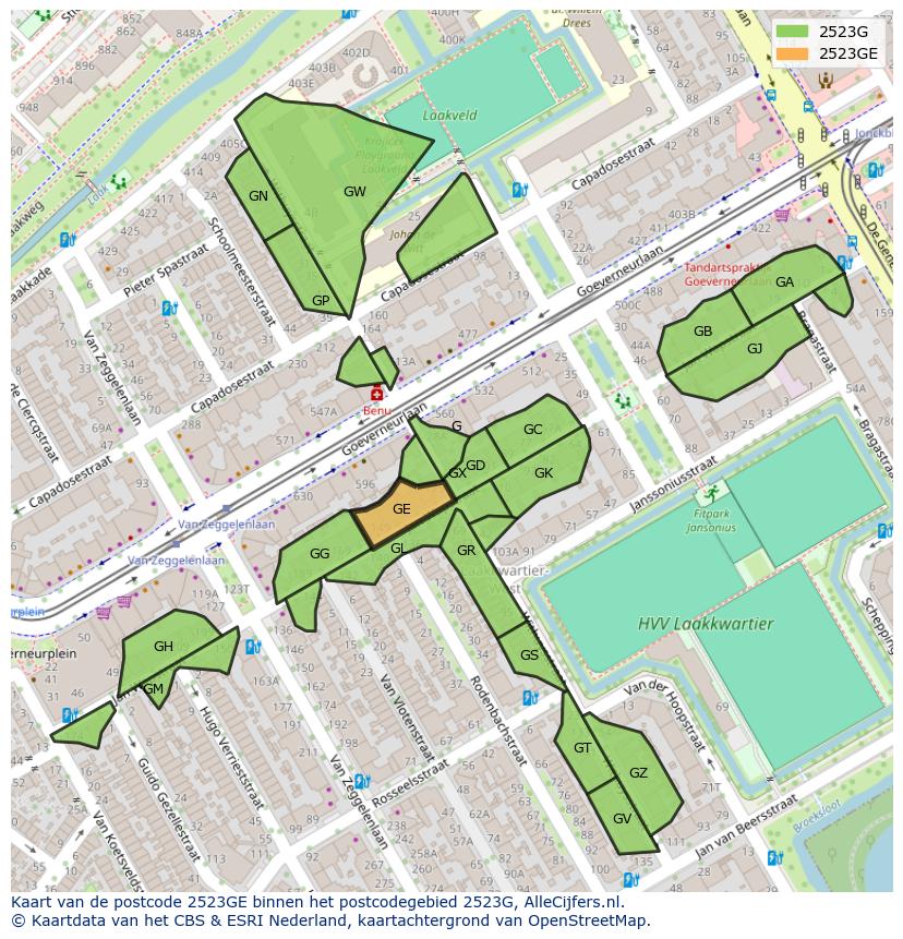 Afbeelding van het postcodegebied 2523 GE op de kaart.