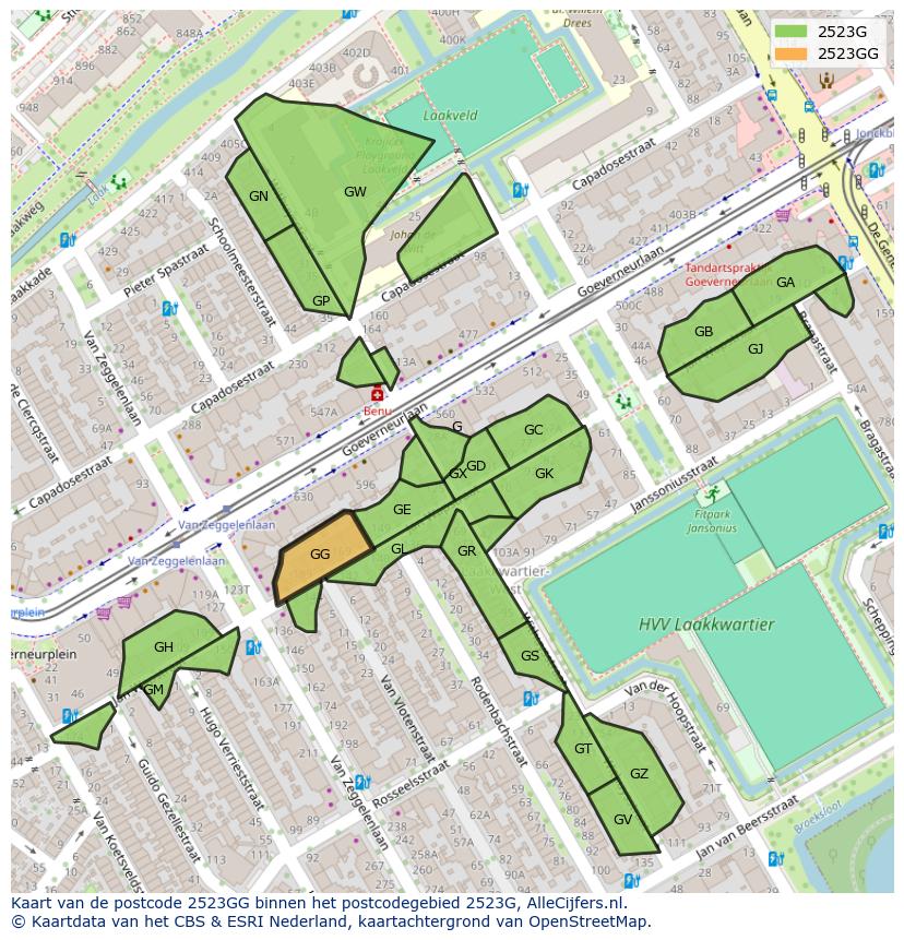 Afbeelding van het postcodegebied 2523 GG op de kaart.