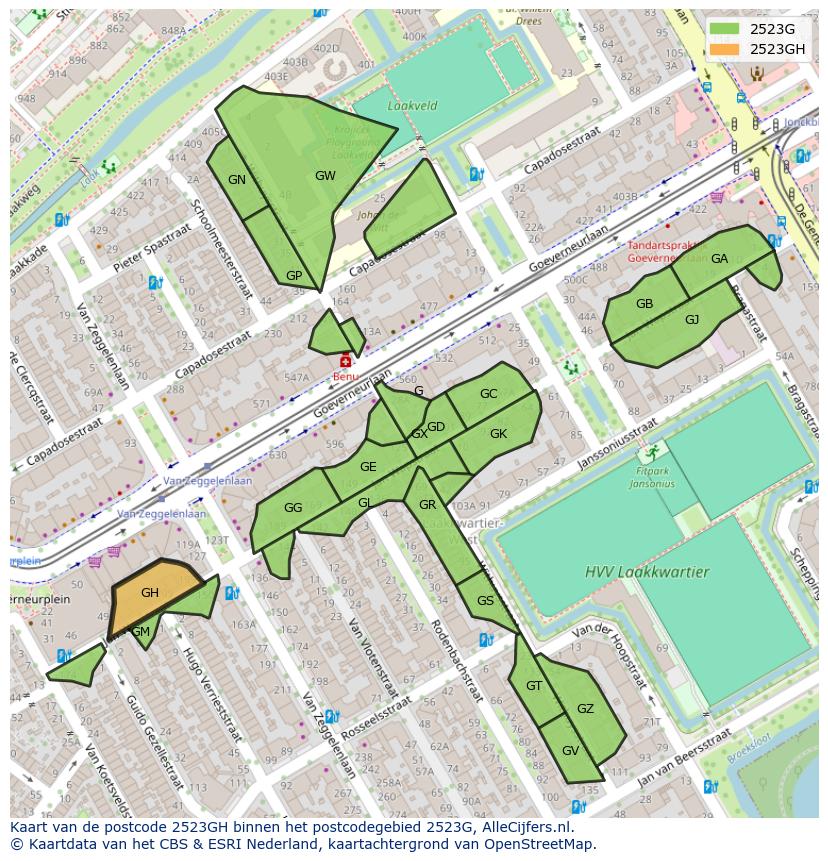 Afbeelding van het postcodegebied 2523 GH op de kaart.