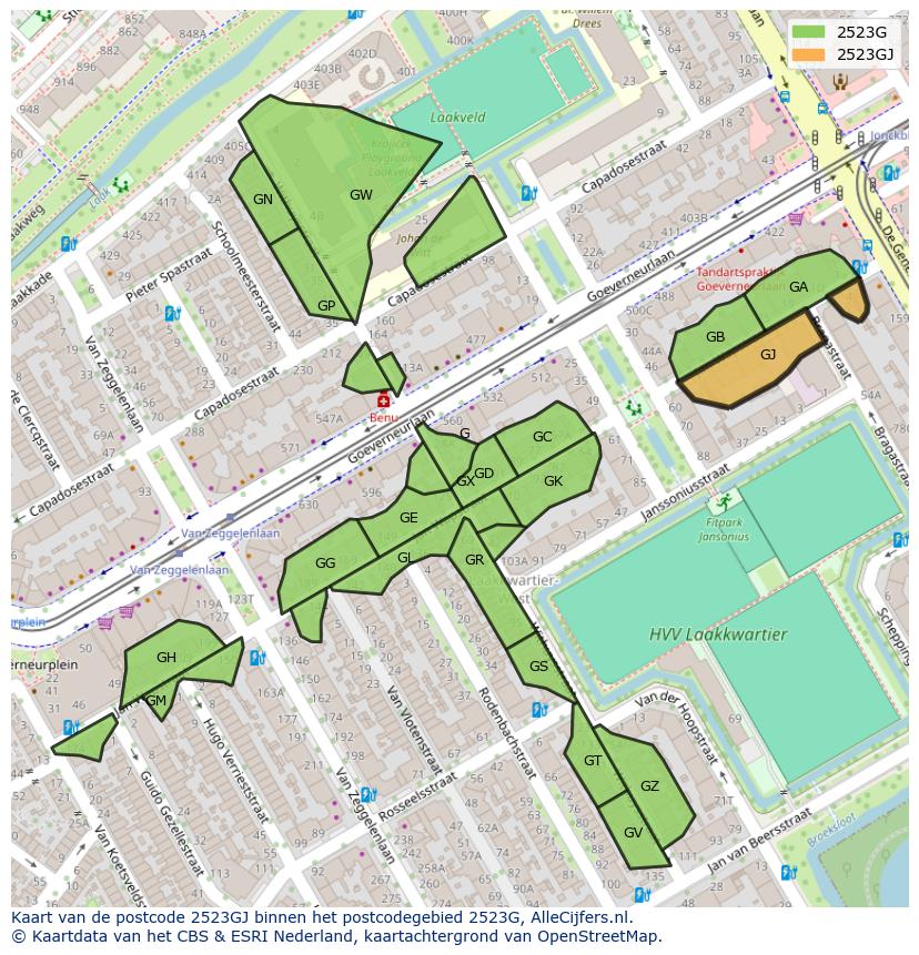 Afbeelding van het postcodegebied 2523 GJ op de kaart.