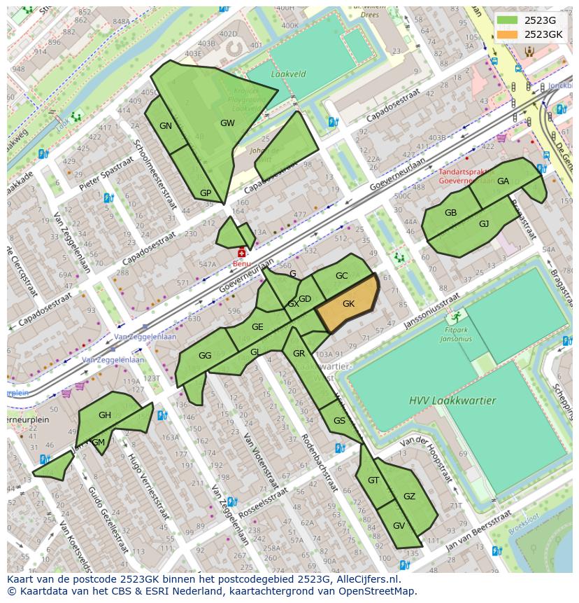 Afbeelding van het postcodegebied 2523 GK op de kaart.