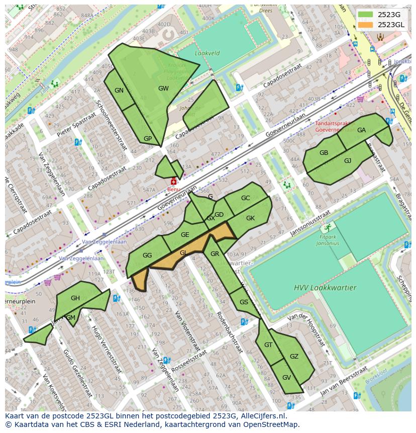 Afbeelding van het postcodegebied 2523 GL op de kaart.