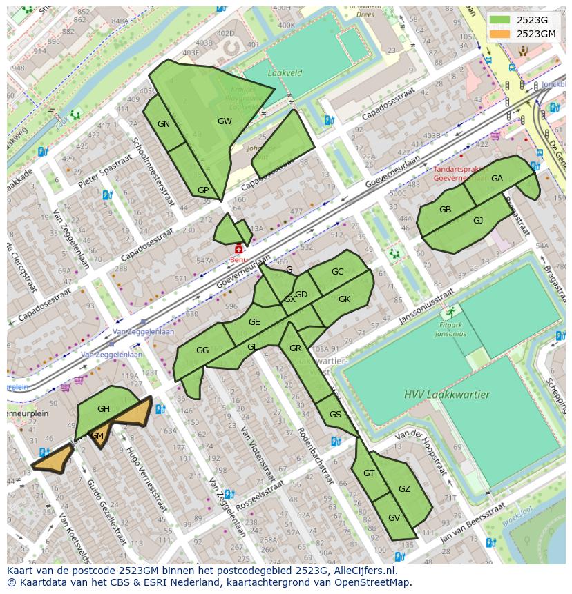 Afbeelding van het postcodegebied 2523 GM op de kaart.