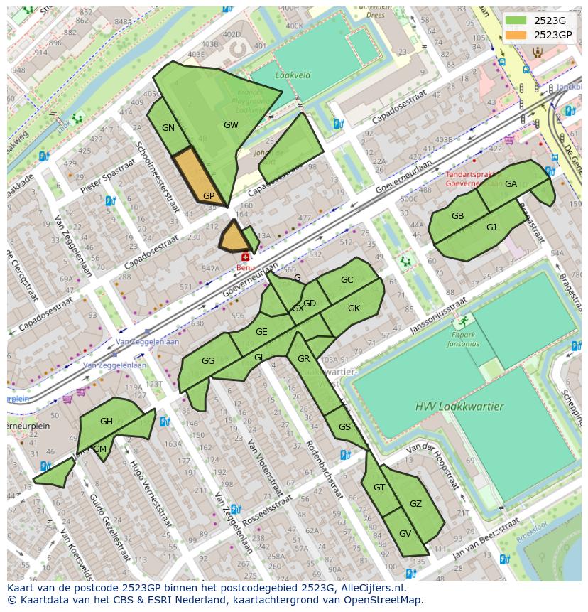 Afbeelding van het postcodegebied 2523 GP op de kaart.