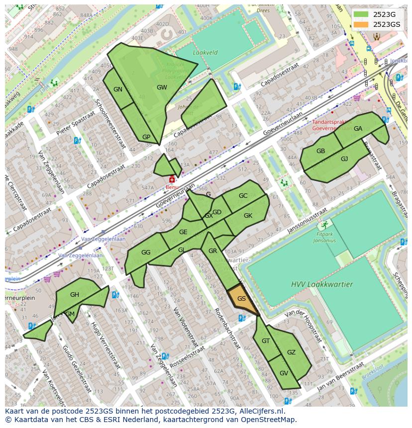 Afbeelding van het postcodegebied 2523 GS op de kaart.