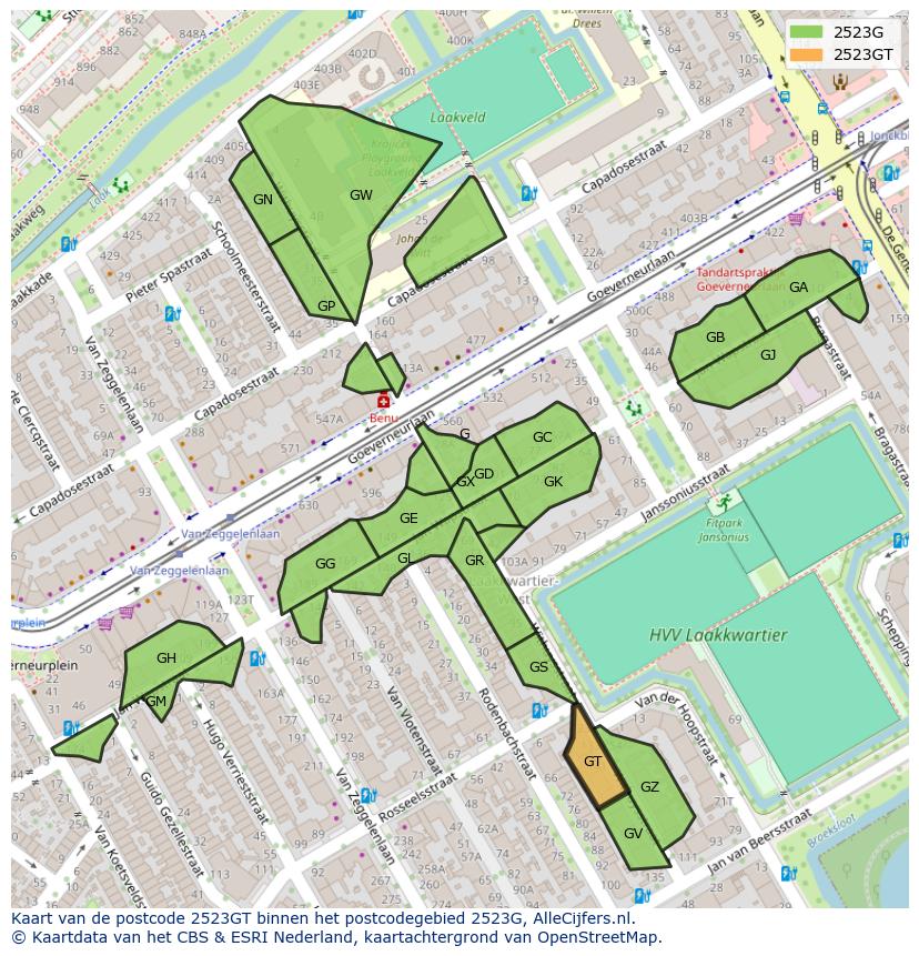 Afbeelding van het postcodegebied 2523 GT op de kaart.