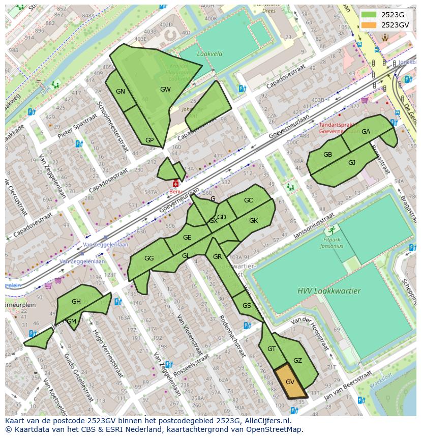 Afbeelding van het postcodegebied 2523 GV op de kaart.