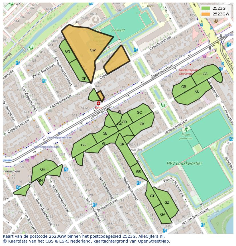 Afbeelding van het postcodegebied 2523 GW op de kaart.